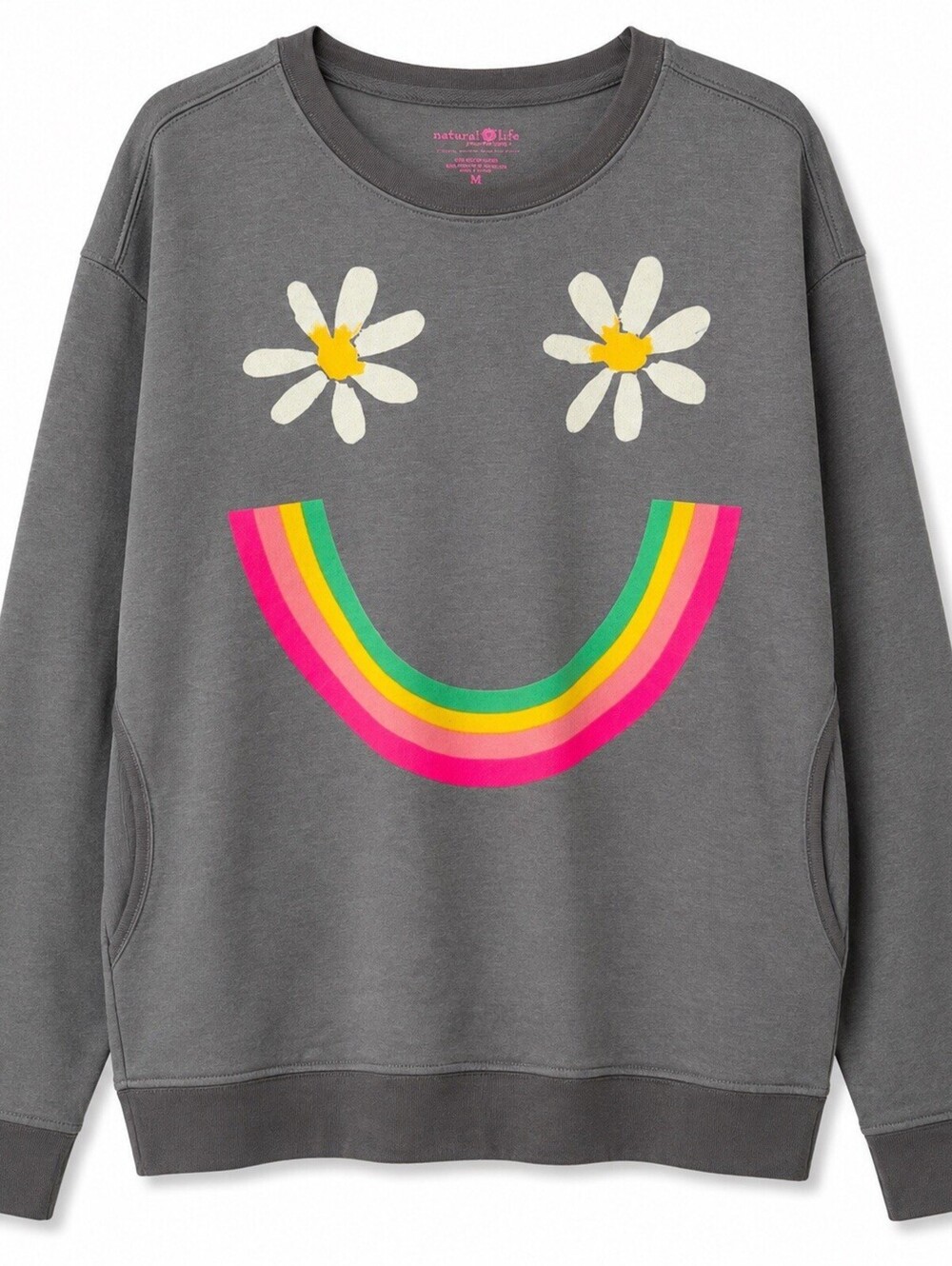 Natural Life Sweatshirt Women M Gray Rainbow Daisy Smiley Boho Pocket NWOT - Picture 1 of 10